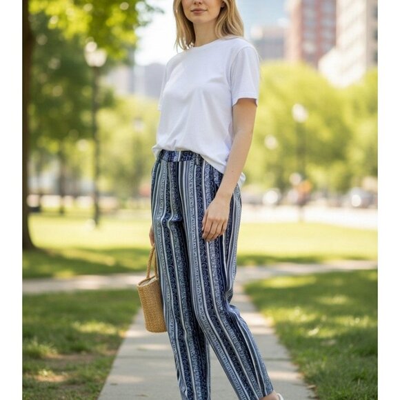 Blue & White Striped Pattern High-Waisted Lightweight Pants Womens Size M - Picture 4 of 14